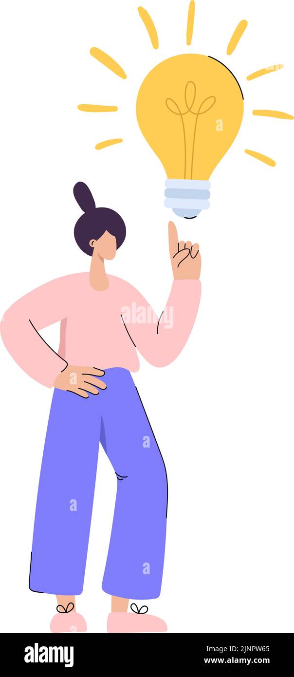 Cute flat woman points her finger up and bulb. She has cool idea. Vector people have business idea or something. The concept of innovation, solution Stock Vector