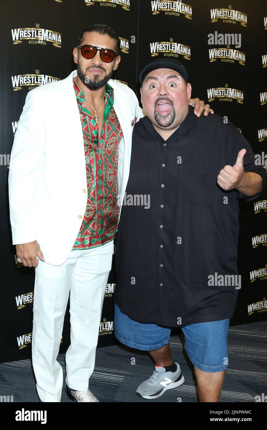 August 11, 2022, Los Angeles, CA, USA: LOS ANGELES - AUG 11:  Santos Escobar, Gabriel Fluffy Iglesias at the WrestleMania Launch Party at SoFi Stadium on August 11, 2022 in Los Angeles, CA (Credit Image: © Kay Blake/ZUMA Press Wire) Stock Photo