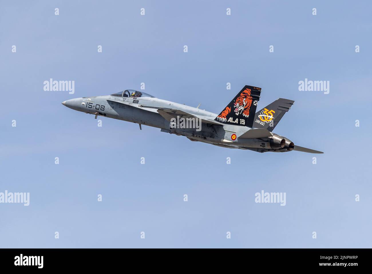 Spanish Air Force - McDonnell Douglas EF-18M Hornet airborne at the Royal International Air Tattoo 2022 Stock Photo