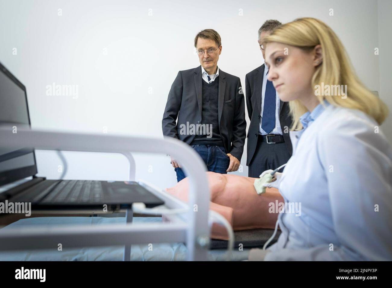 Karl Lauterbach (SPD), Federal Minister of Health, visits the training simulation center of the Lviv National Medical University na Danylo in the Ukrainian city of Lviv (Lemberg). Here doctors are trained on dummies and with the help of computer simulations, Stock Photo