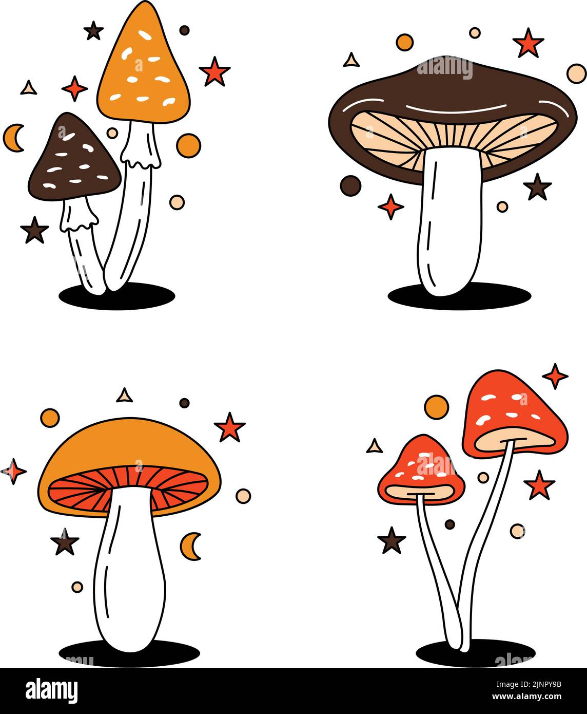 Magic mushroom set. Different colored mushroom symbols. Psychedelic mushrooms sketch illustration. Mushrooms in hippie 70s retro style. Stock Vector