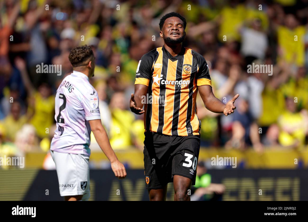 Hull City's Benjamin Tetteh reacts to a missed chance during the Sky Bet Championship match at the MKM Stadium, Hull. Picture date: Saturday August 13, 2022. Stock Photo