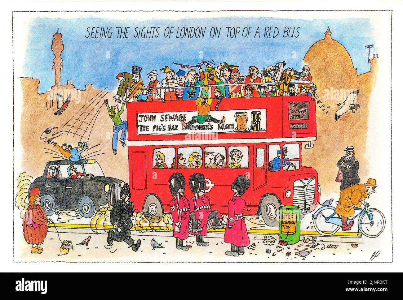 Seeing the sights of London on top of a red bus.1980's amusing funny London postcard by Chris Parker Stock Photo