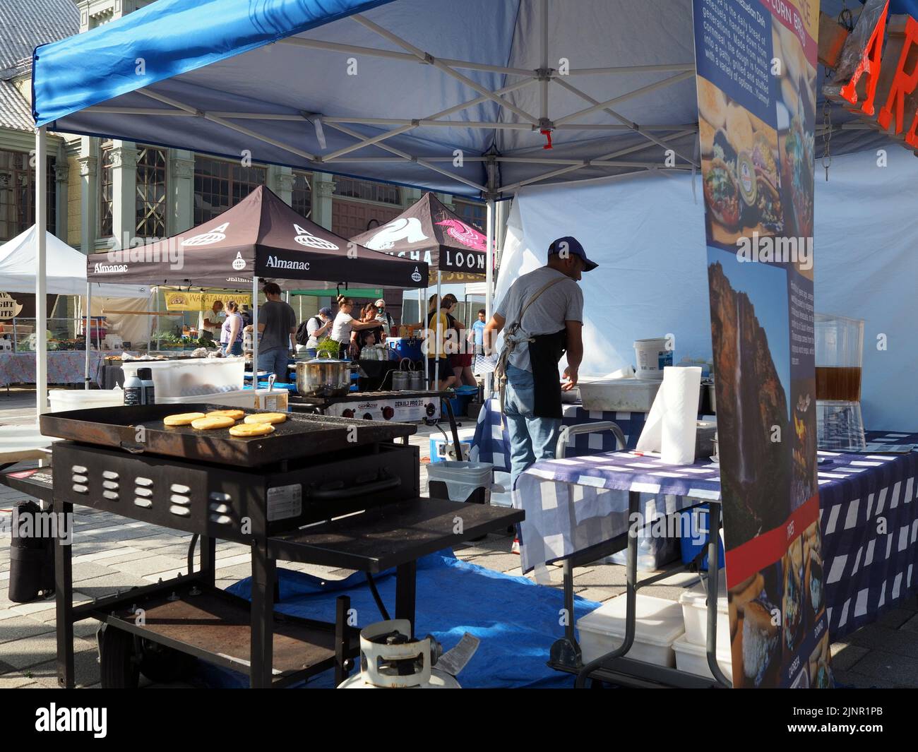 Scenes from the Farmer's Market at Lansdowne Place. Arepas fast food stall with a blue theme. Ottawa, ON, Canada. Stock Photo