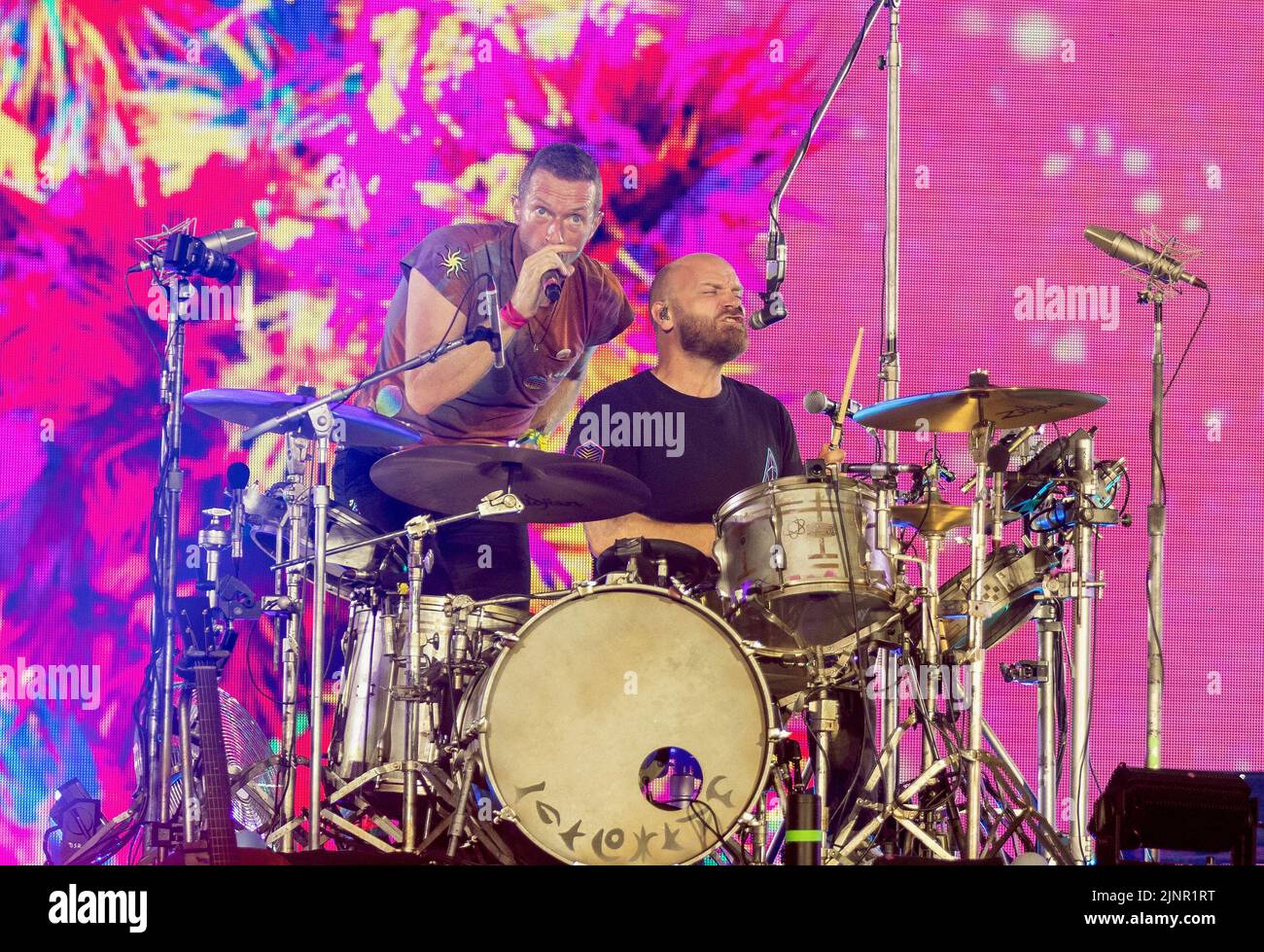 Drummer Will Champion, of Coldplay performs as they promote their fifth  studio album, Mylo Xyloto, released earlier this year, at The O2 Arena,  Greenwich, south London Stock Photo - Alamy