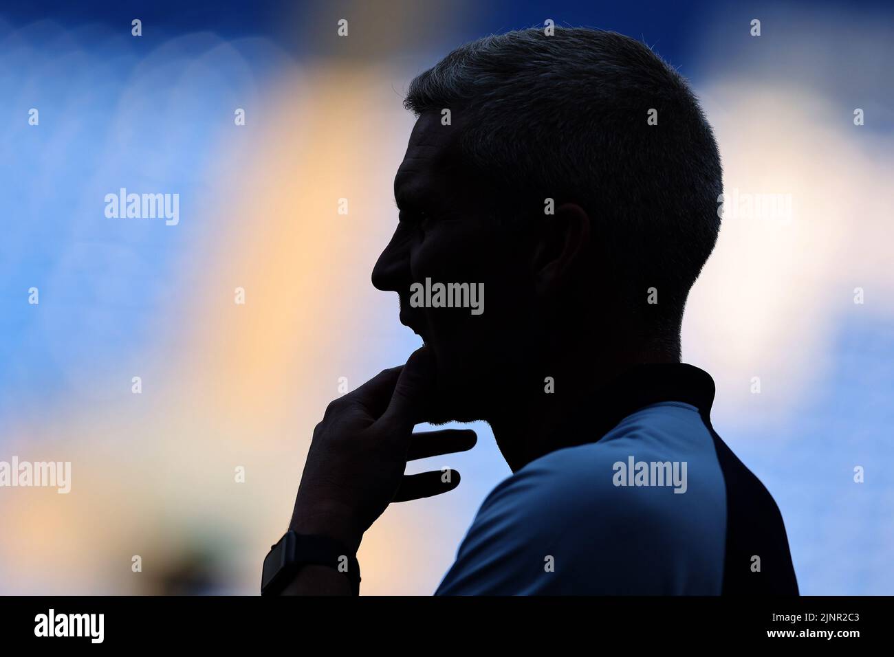 Cardiff, UK. 13th Aug, 2022. A silhouette of Steve Morison, the manager of Cardiff city . EFL Skybet championship match, Cardiff city v Birmingham City at the Cardiff City Stadium in Cardiff, Wales on Saturday 13th August 2022. this image may only be used for Editorial purposes. Editorial use only, license required for commercial use. No use in betting, games or a single club/league/player publications. pic by Andrew Orchard/Andrew Orchard sports photography/Alamy Live news Credit: Andrew Orchard sports photography/Alamy Live News Stock Photo