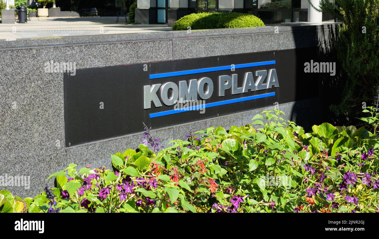 Seattle - August 07, 2022; Closeup of KOMO Plaza sign in Seattle Stock Photo