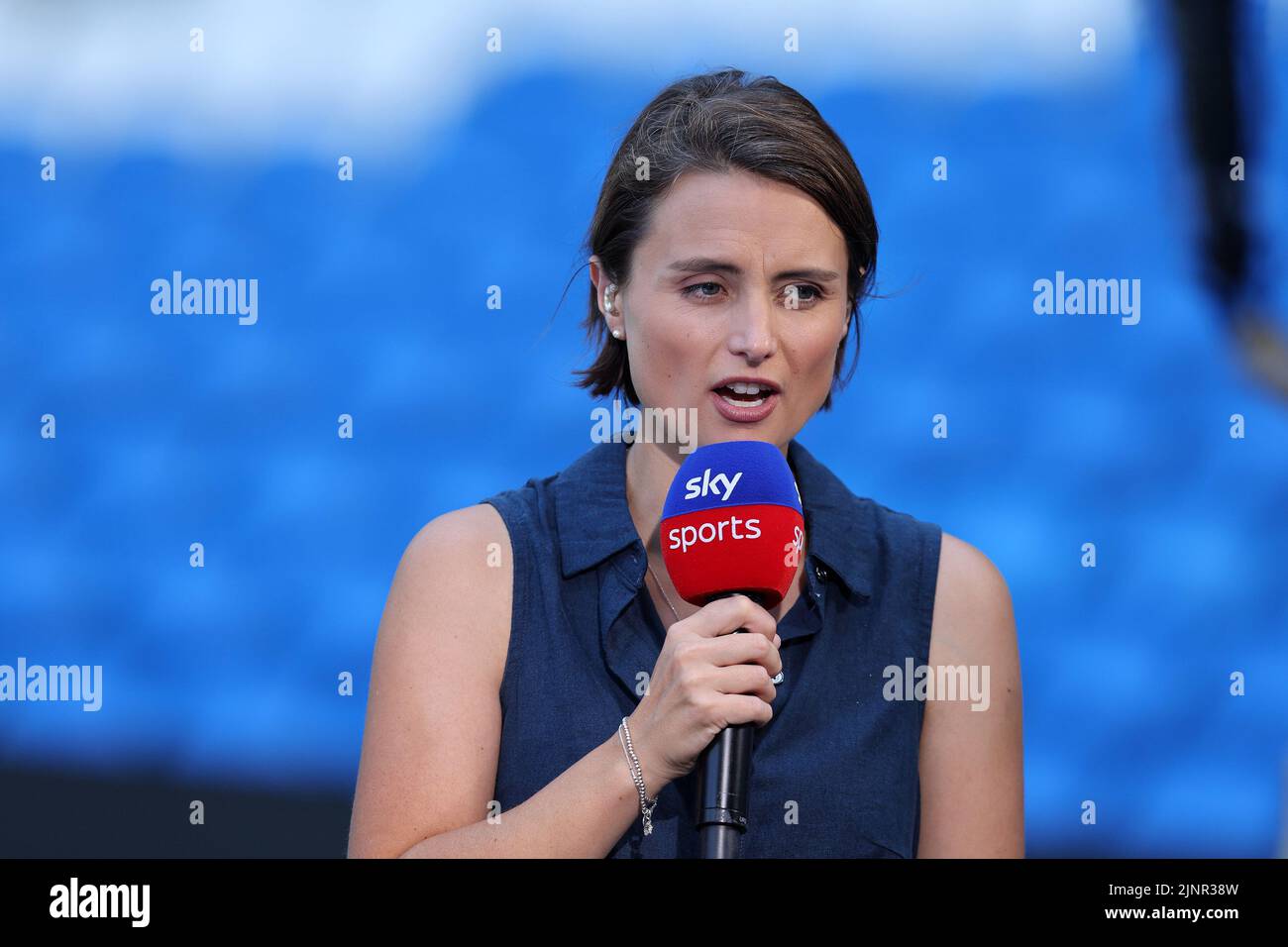 Cardiff, UK. 13th Aug, 2022. Michelle Owen, the Sky sports TV presenter . EFL Skybet championship match, Cardiff city v Birmingham City at the Cardiff City Stadium in Cardiff, Wales on Saturday 13th August 2022. this image may only be used for Editorial purposes. Editorial use only, license required for commercial use. No use in betting, games or a single club/league/player publications. pic by Andrew Orchard/Andrew Orchard sports photography/Alamy Live news Credit: Andrew Orchard sports photography/Alamy Live News Stock Photo