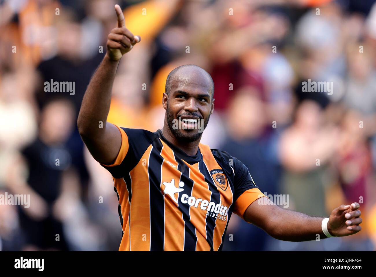 Hull City's Oscar Estupinan celebrates scoring their side's first goal of the game during the Sky Bet Championship match at the MKM Stadium, Hull. Picture date: Saturday August 13, 2022. Stock Photo