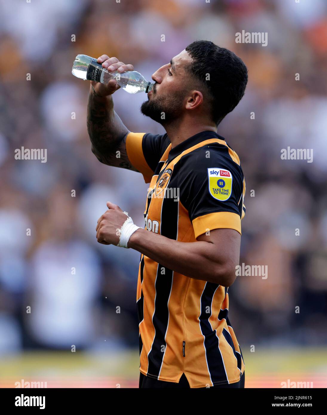 Hull City's Allahyar Sayyadmanesh drinks water during the Sky Bet Championship match at the MKM Stadium, Hull. Picture date: Saturday August 13, 2022. Stock Photo