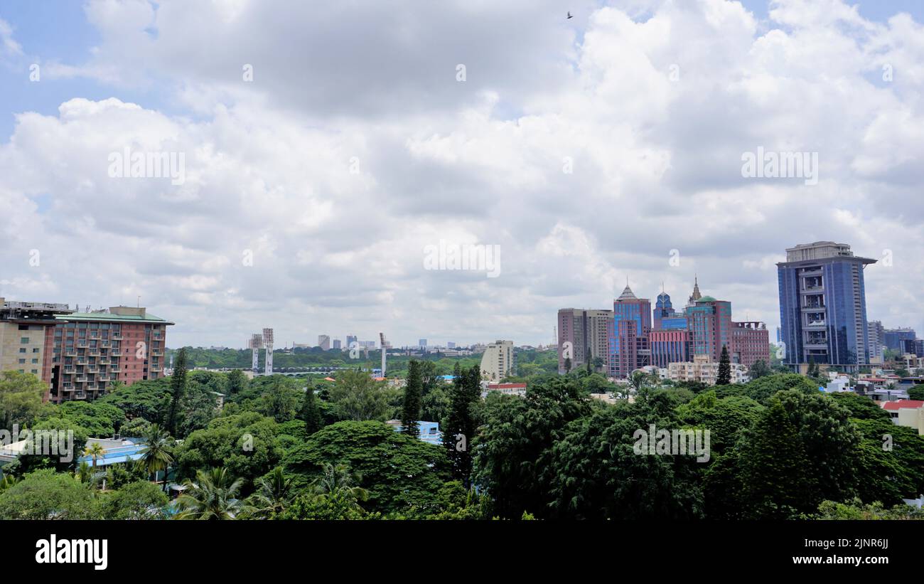 Bangalore,Karnataka,India-June 19 2022: View of Bangalore cityscape from terrace of Chancery Pavilion Hotel. Stadium and skyscrapers such as Prestige Stock Photo