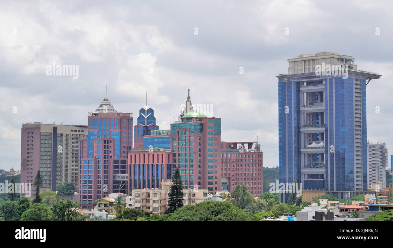 Bangalore,Karnataka,India-June 19 2022: View of Bangalore cityscape from terrace of Chancery Pavilion Hotel. Stadium and skyscrapers such as Prestige Stock Photo