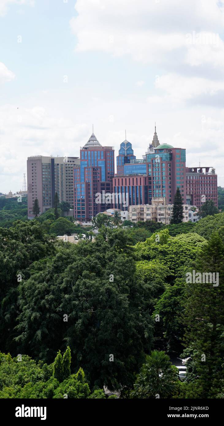 Bangalore,Karnataka,India-June 19 2022: View of Bangalore cityscape from terrace of Chancery Pavilion Hotel. Stadium and skyscrapers such as Prestige Stock Photo
