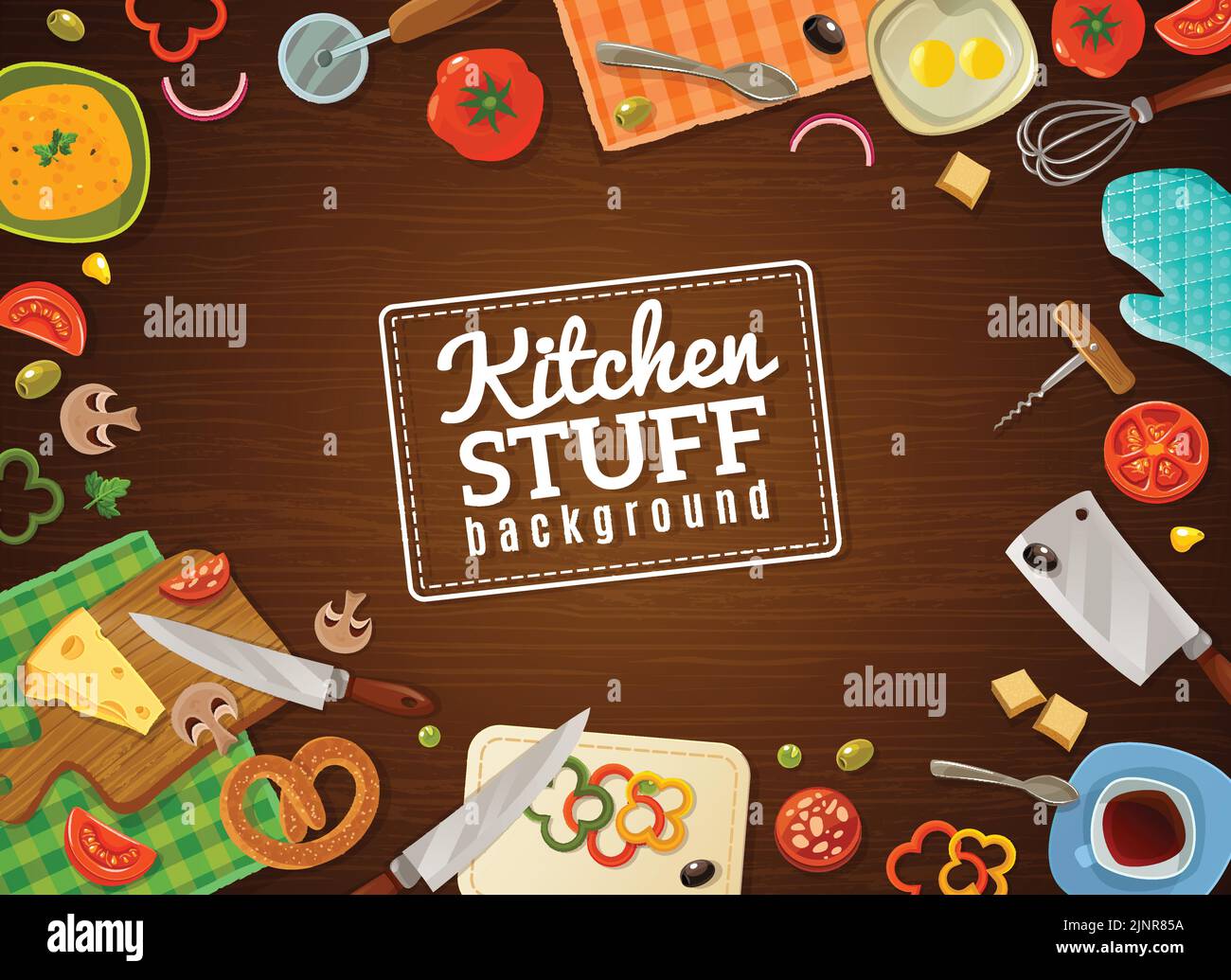 Cooking background with decorative frame containing kitchen stuff food