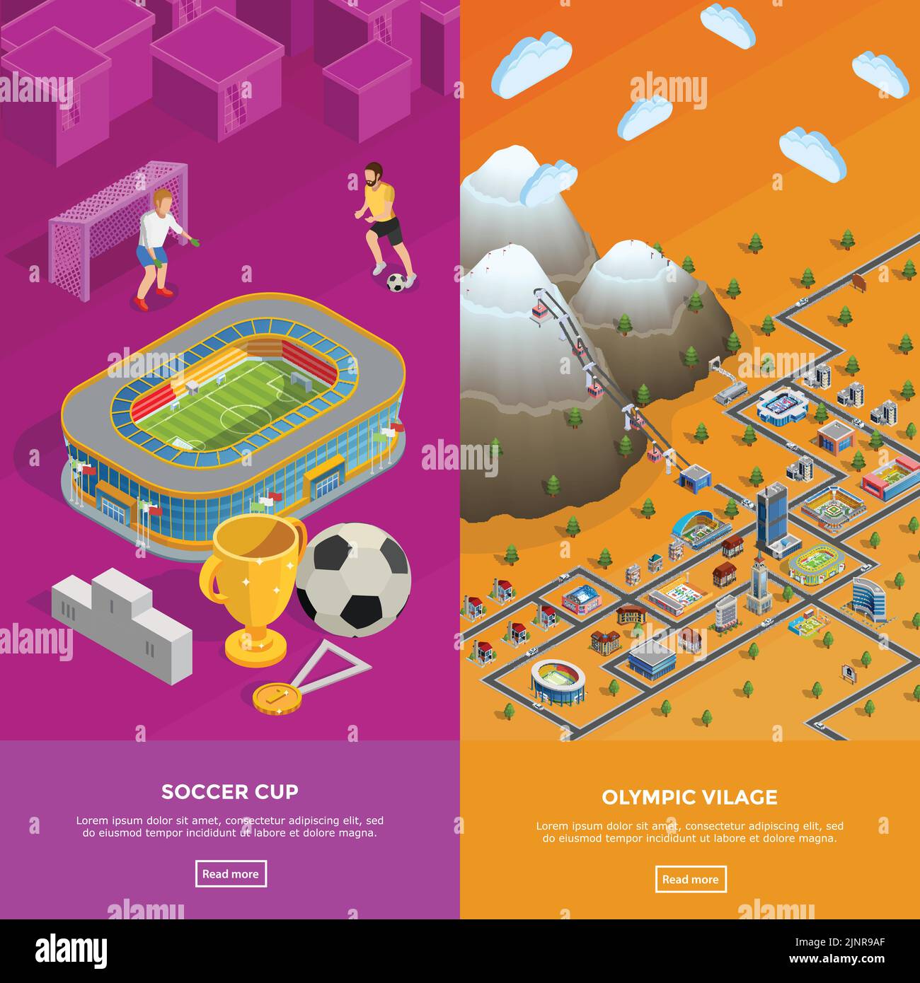 Olympic village park birds eye view and football cup soccer stadium 2 colorful isometric banners isolated vector illustration Stock Vector