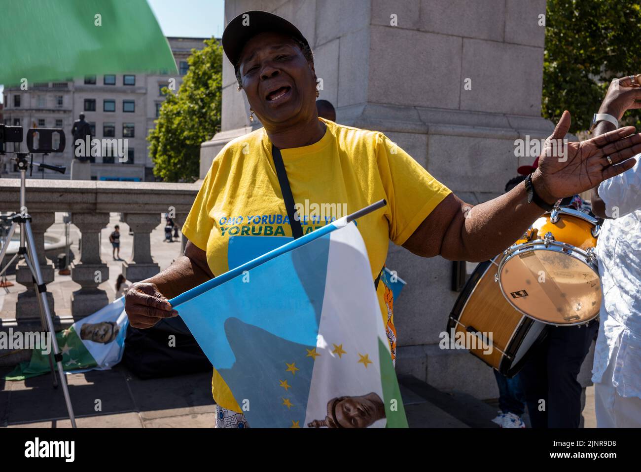 13 August 2022, Trafalgar Square London UK. People of the Yoruba Nation, who live in parts of Nigeria protesting with music against conditions in Nigeria: No democracy, no justice, Buhari's government is dead, and that Buhari is a terrorist. Stock Photo