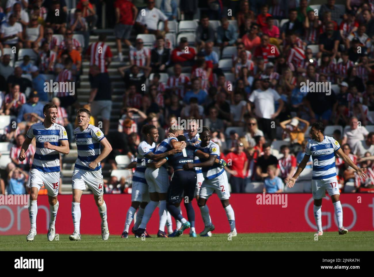 Queens Park Rangers's players celebrate QPR Goalkeeper Seny Dieng's goal during the Sky Bet Championship match between Sunderland and Queens Park Rangers at the Stadium Of Light, Sunderland on Saturday 13th August 2022. (Credit: Michael Driver | MI News) Credit: MI News & Sport /Alamy Live News Stock Photo