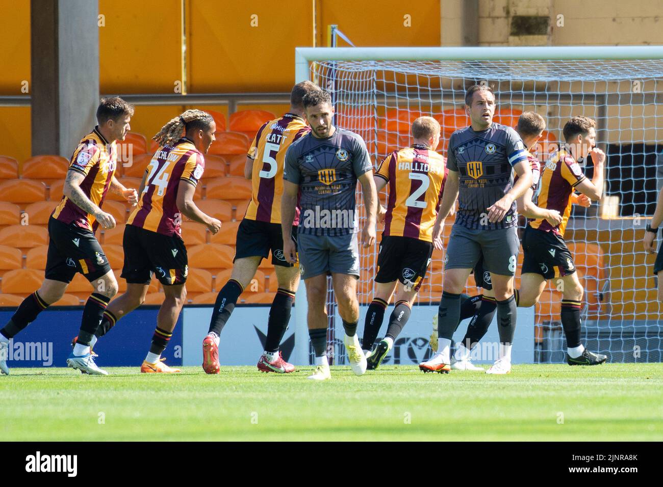Bradford, UK. 13th Aug, 2022. Richie Smallwood of Bradford city (r) celebrates after he scores his teams 1st goal. EFL Skybet Football league two match, Bradford City v Newport County at The University of Bradford Stadium in Bradford, Yorkshire on Saturday 13th August 2022. this image may only be used for Editorial purposes. Editorial use only, license required for commercial use. No use in betting, games or a single club/league/player publications.pic by Credit: Andrew Orchard sports photography/Alamy Live News Stock Photo