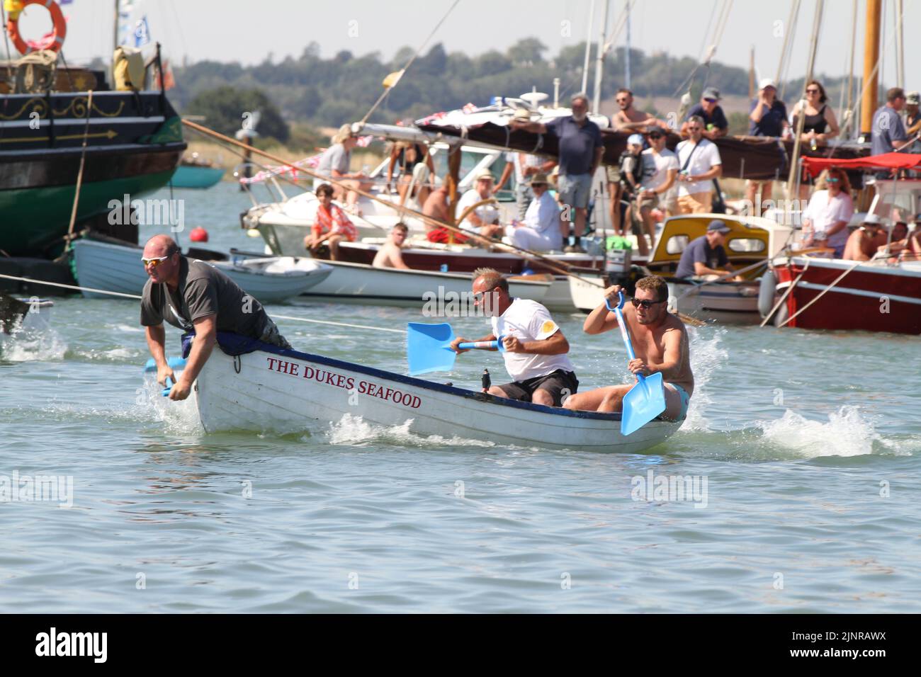 West Mersea Regatta is taking place on Mersea Island. The regatta has been run almost continually since 1838 and is organised by volunteers. The three in a boat shovel race. Stock Photo