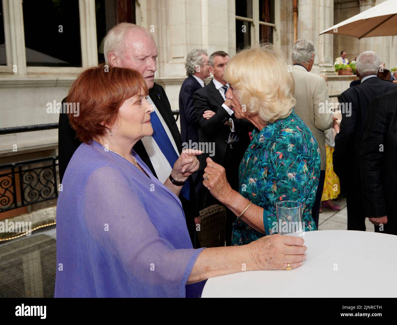 Isla Blair & Julian Glover with HRH Camilla, Duchess of Cornwall atLunch for HRH The Duchess of Cornwall’s 75th birthday Stock Photo
