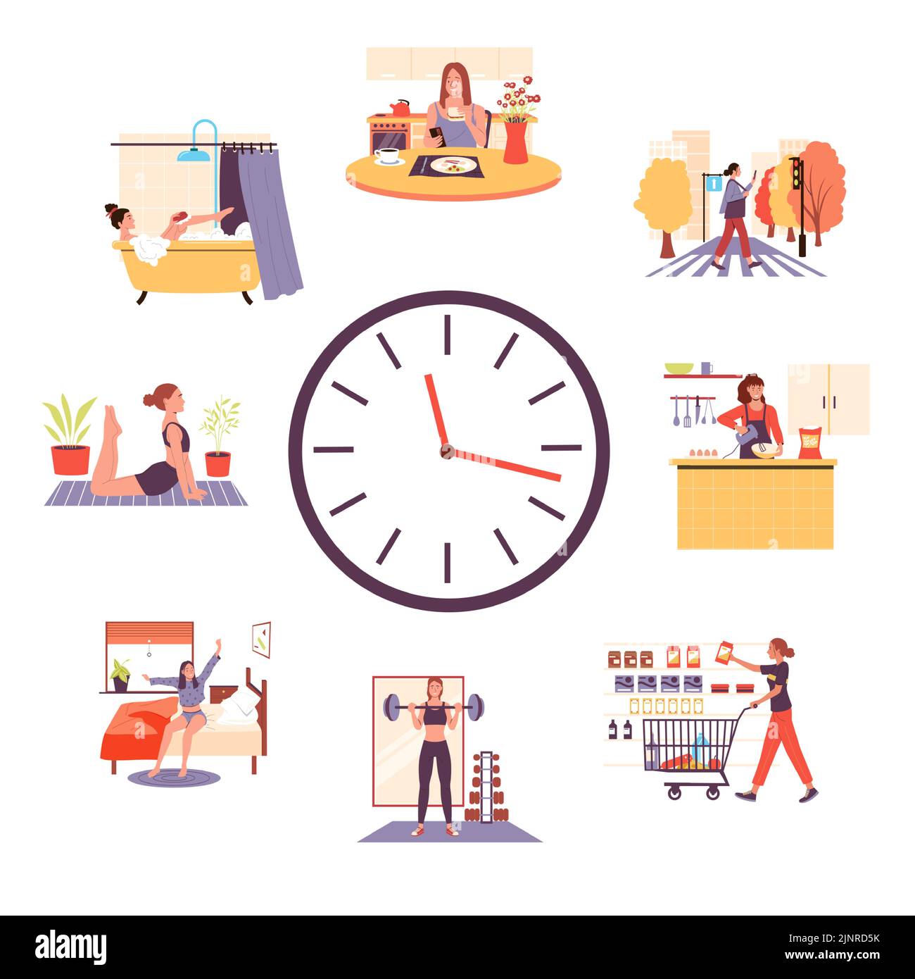 Woman routine on clock. Cartoon girl activities during daytime, female busy lifestyle schedule. Vector sleep work rest and hobby scenes illustration Stock Vector