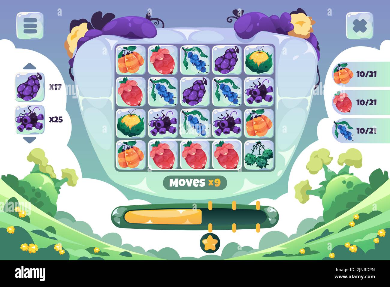 Match 3 game screen. Gameplay UI of cartoon fantasy fruits puzzle game ...