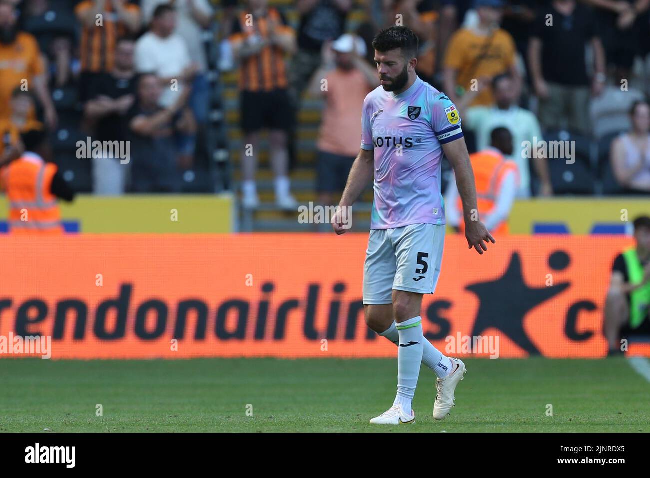 A dejected Grant Hanley #5 of Norwich City after the final whistle in, on 8/13/2022. (Photo by David Greaves Photos/ Via/News Images/Sipa USA) Credit: Sipa USA/Alamy Live News Stock Photo