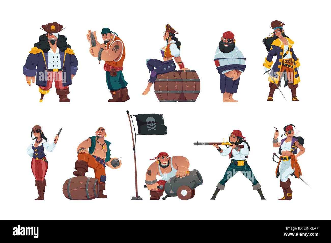 Pirate men and women. Cartoon fantasy sailors and sea warriors with swords treasure chest spyglass wearing hats and pirate costumes. Vector marine Stock Vector