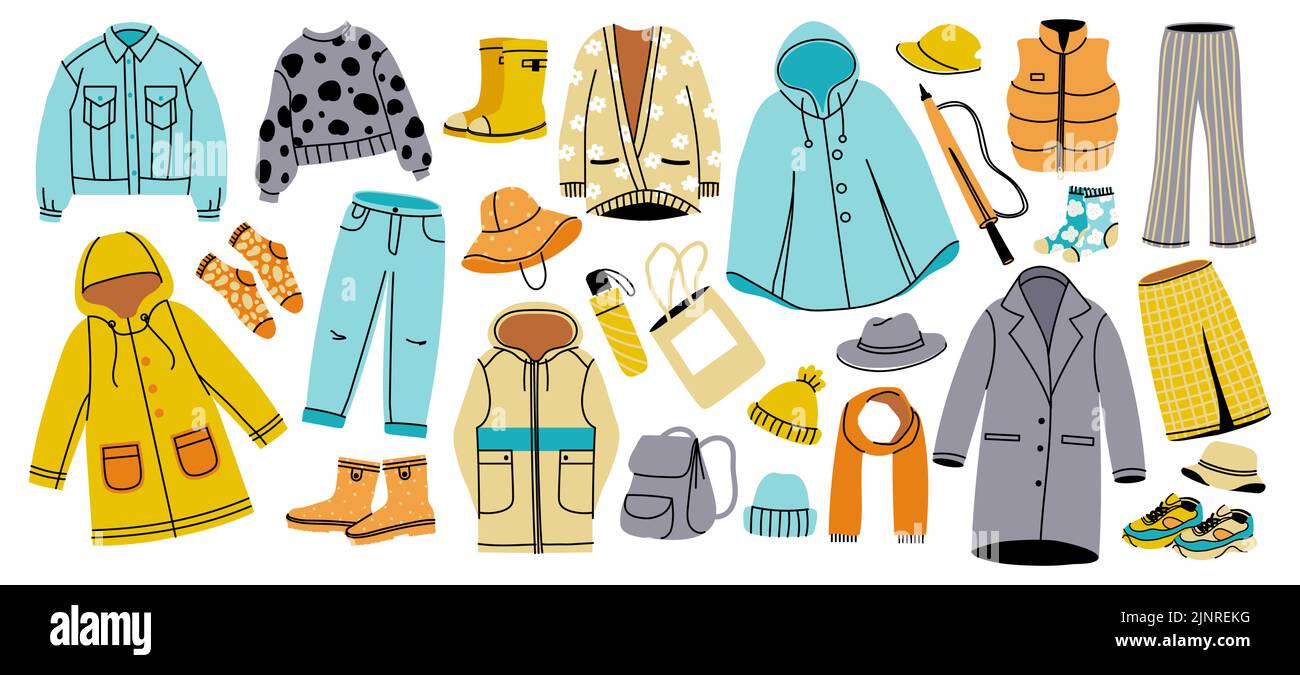 Autumn clothing. Doodle seasonal warm wearing and accessories, cozy sweater coat and pants, waterproof and rain boots. Vector fashion isolated set Stock Vector