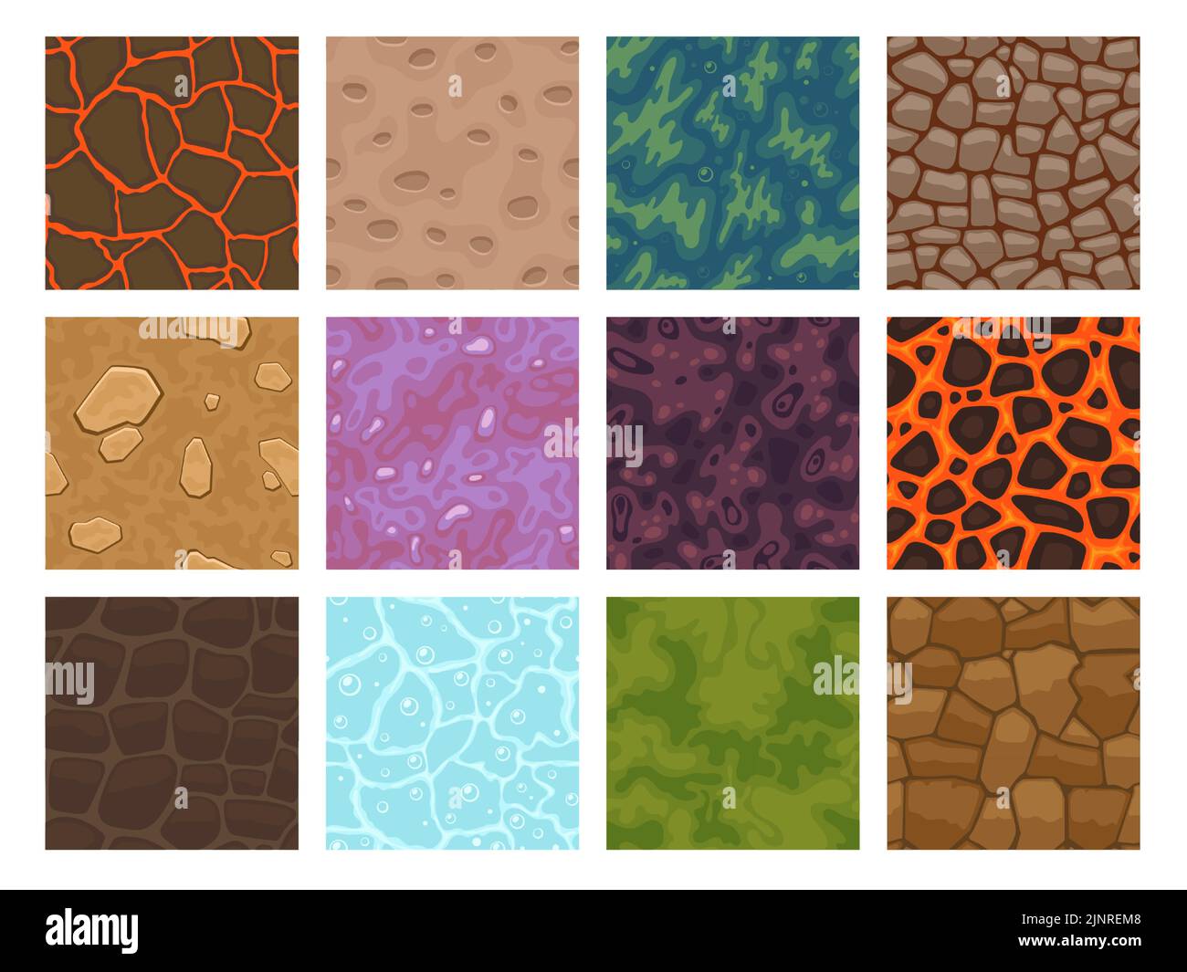 Game texture tiles. 2D cartoon level ground block of various materials, grass rock sand ice water lava, textured land game asset. Vector nature Stock Vector