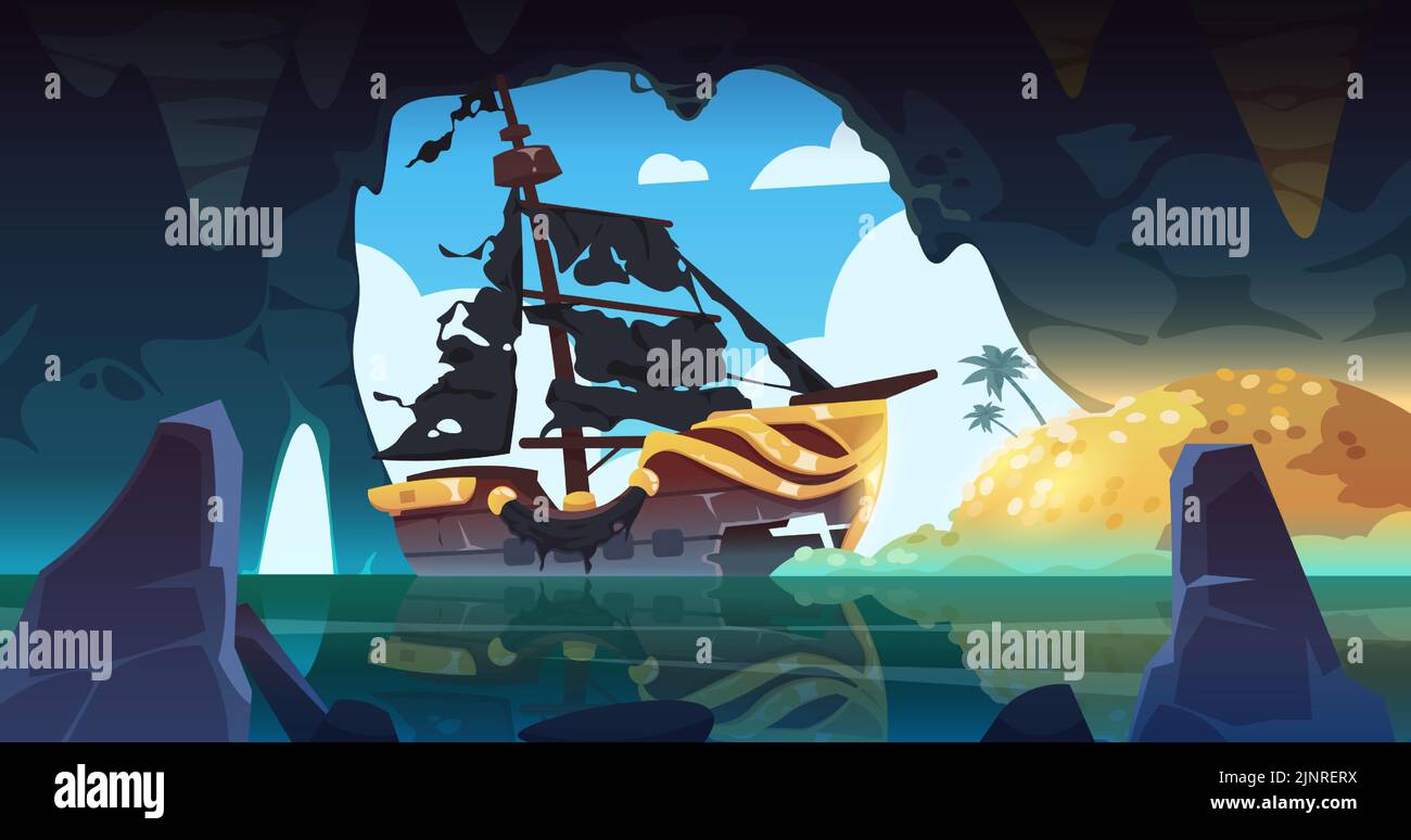 Pirate ship in cave. Cartoon background with fantasy sea bandits ship in dark grotto filled with stolen treasures. Vector marine children illustration Stock Vector
