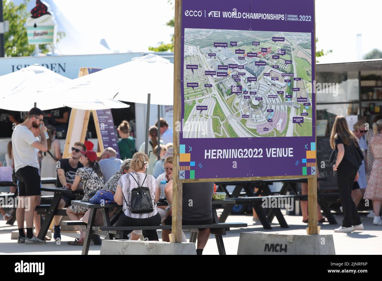 Herning, Denmark. 13th Aug, 2022. Equestrian sport, world championship, show jumping. Visitors sit behind an overview map of the event site. Credit: Friso Gentsch/dpa/Alamy Live News Stock Photo