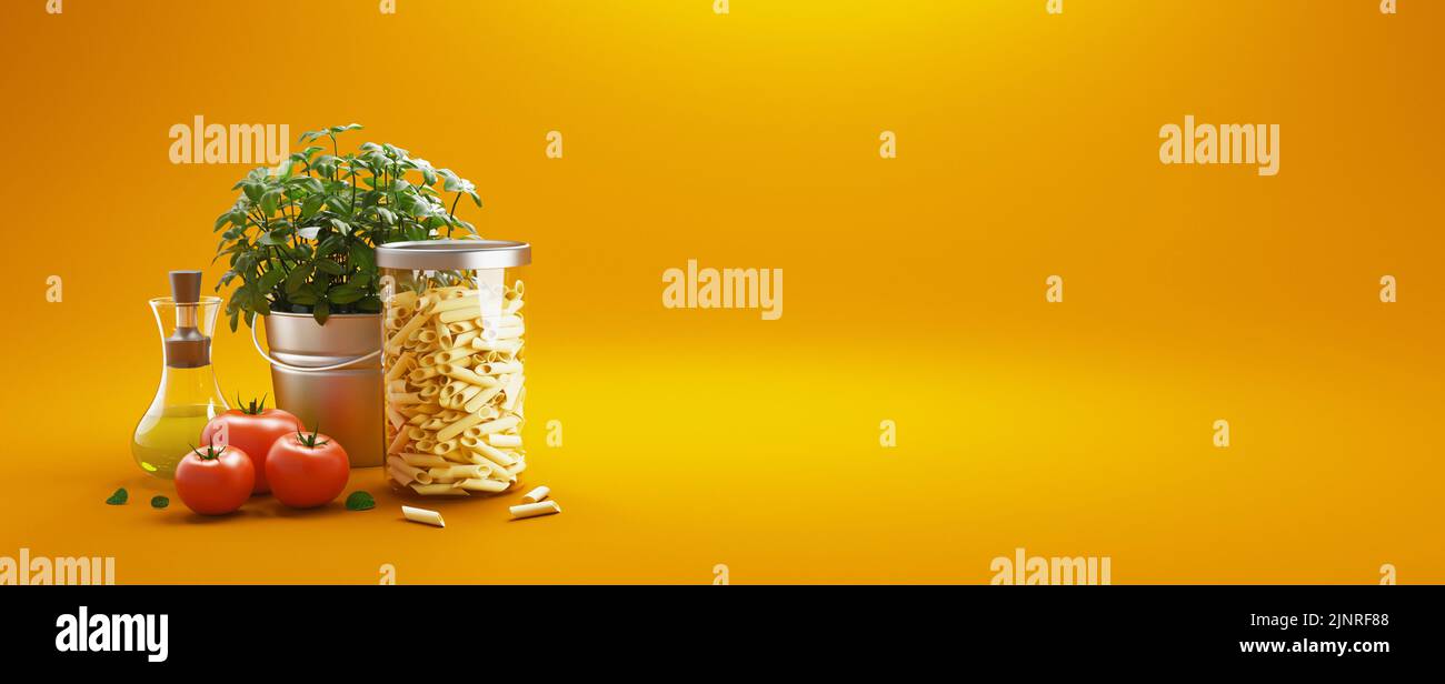 Various ingredients for cooking pasta menu, basil ,tomato,extra virgin olive oil and leaves on a yellow or orange background, with copy space Stock Photo