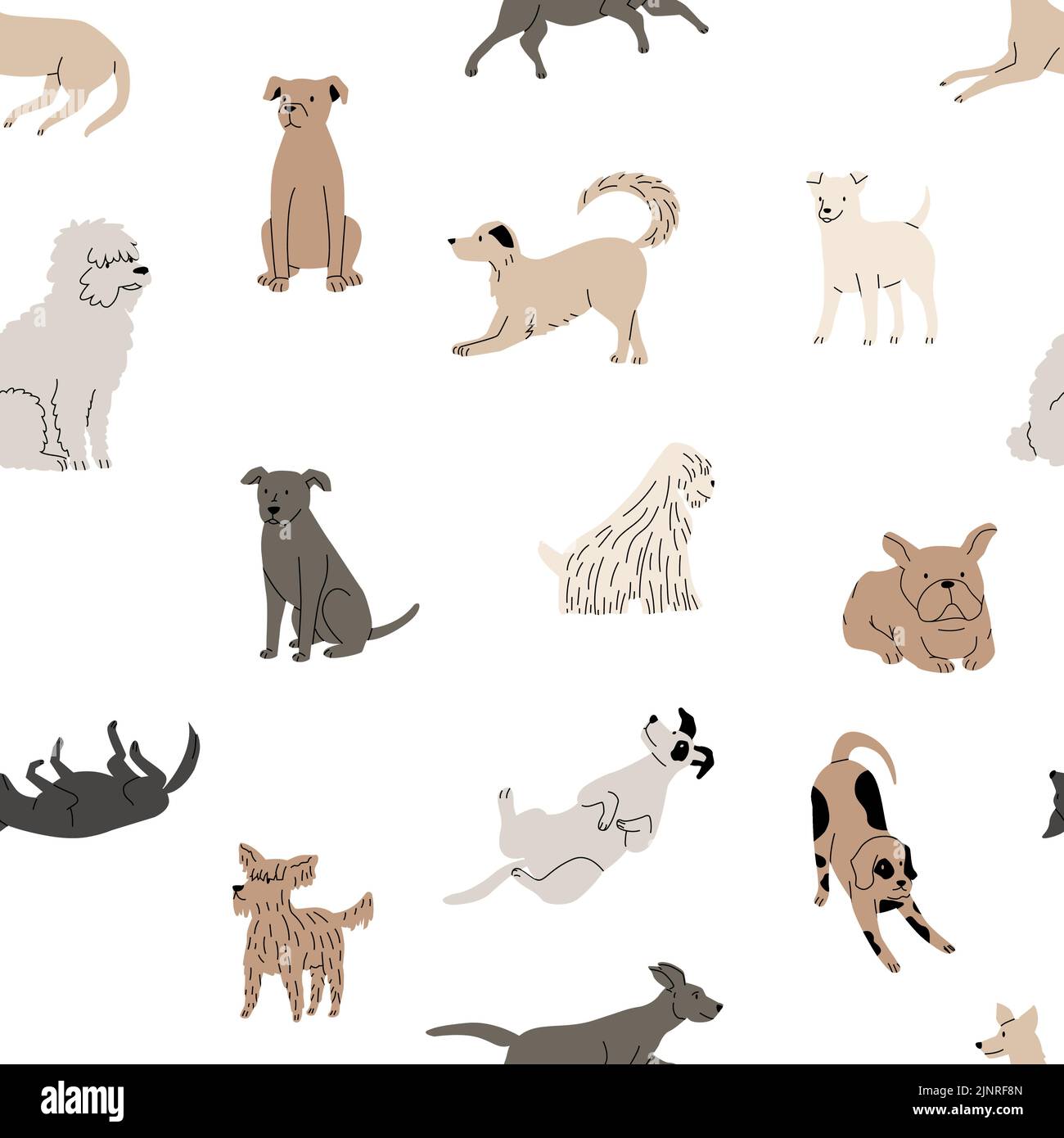 Doodle dog pattern. Seamless print of funny childish puppies for cut dogs brochure, cartoon hand drawn Scandinavian graphic with animal pets. Vector Stock Vector
