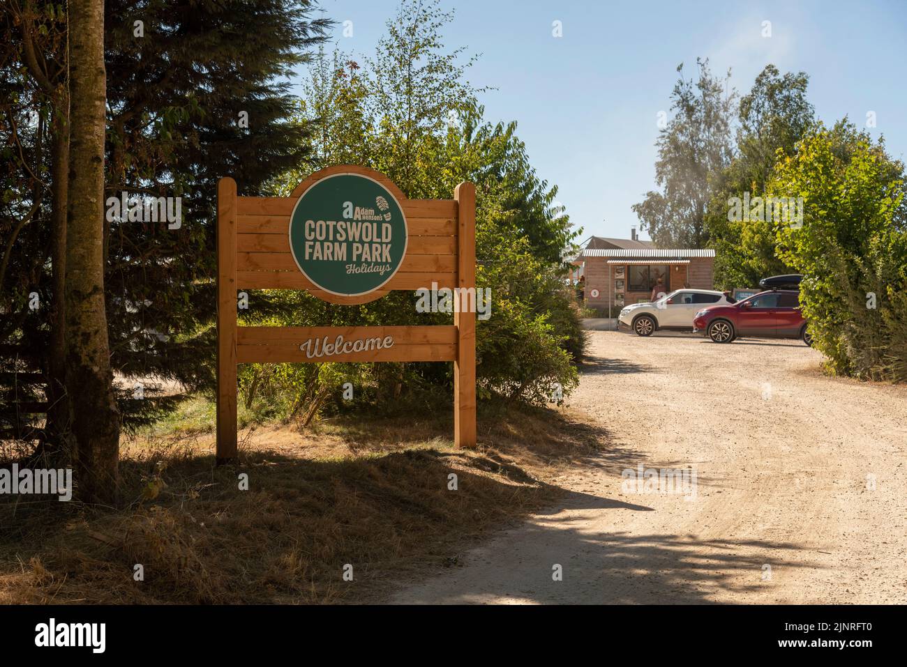 Guiting Power, Cheltenham, England, UK. 2022. Welcome sign and reception area for holidaymakers arriving at the Cotswold Farm park in Guiting Power, U Stock Photo