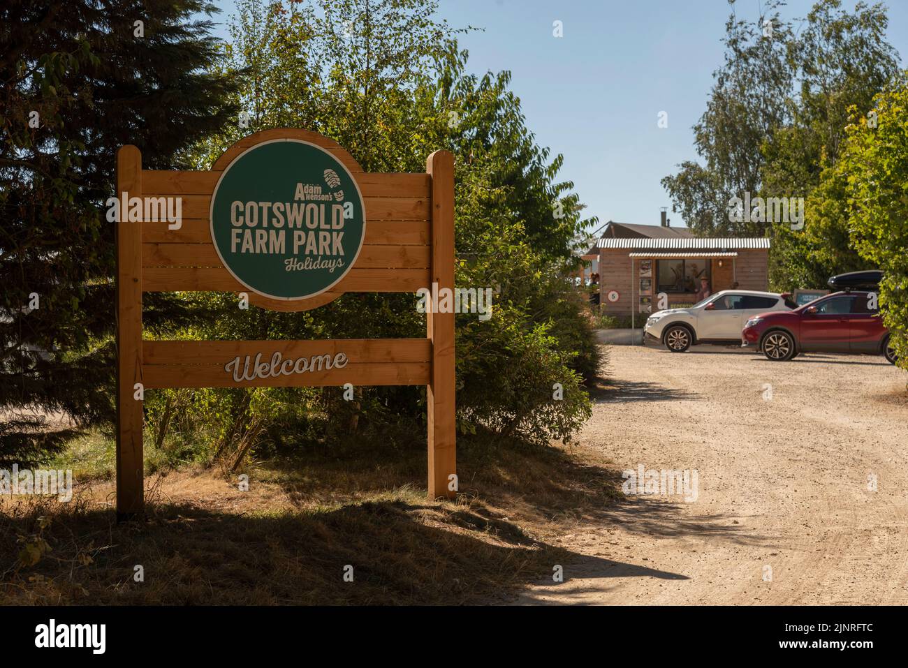 Guiting Power, Cheltenham, England, UK. 2022. Welcome sign and reception area for holidaymakers arriving at the Cotswold Farm park in Guiting Power, U Stock Photo