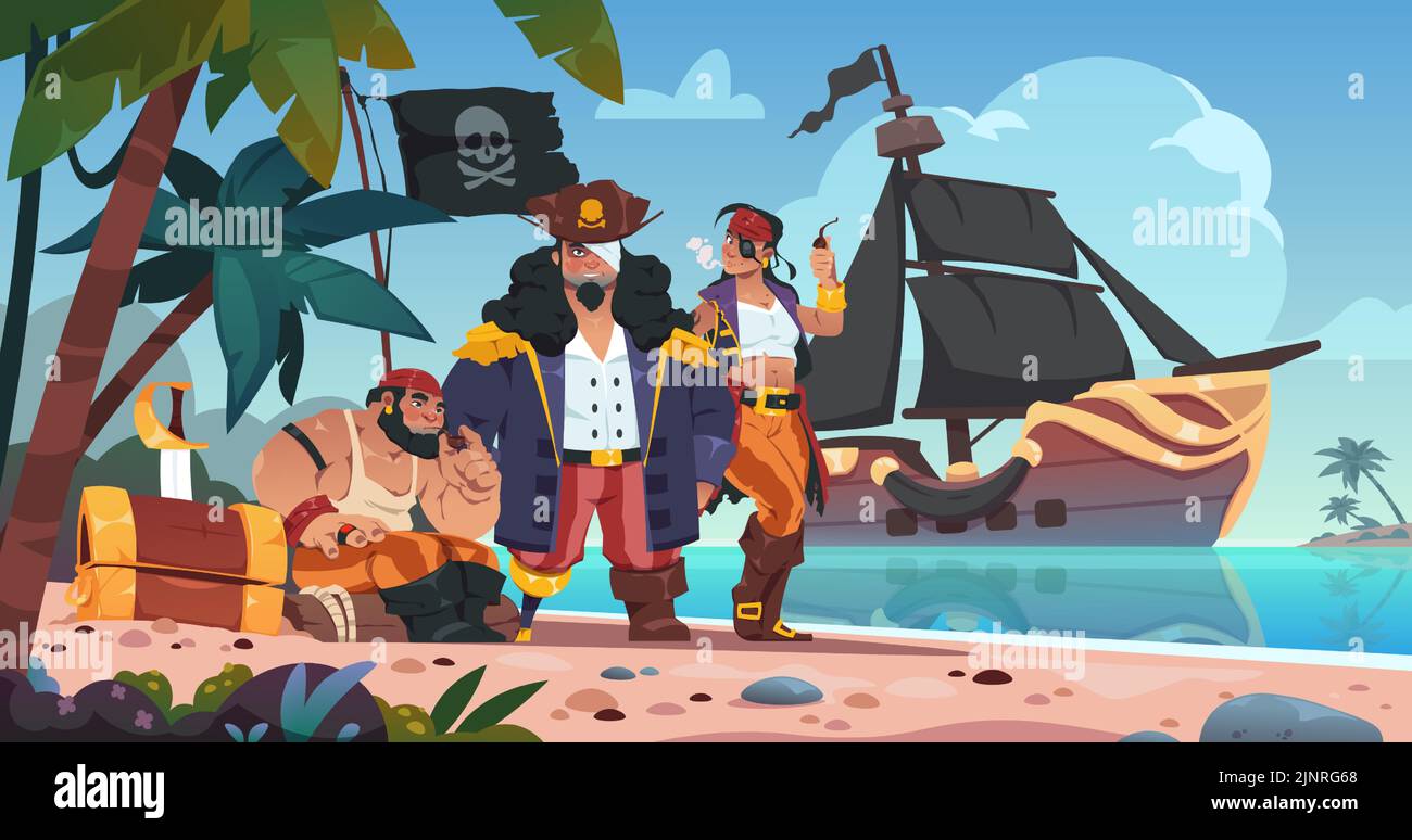 Pirates on island. Cartoon kids background with corsairs and pirate characters on sea beach with treasure chest spyglass sword and cannon. Vector Stock Vector