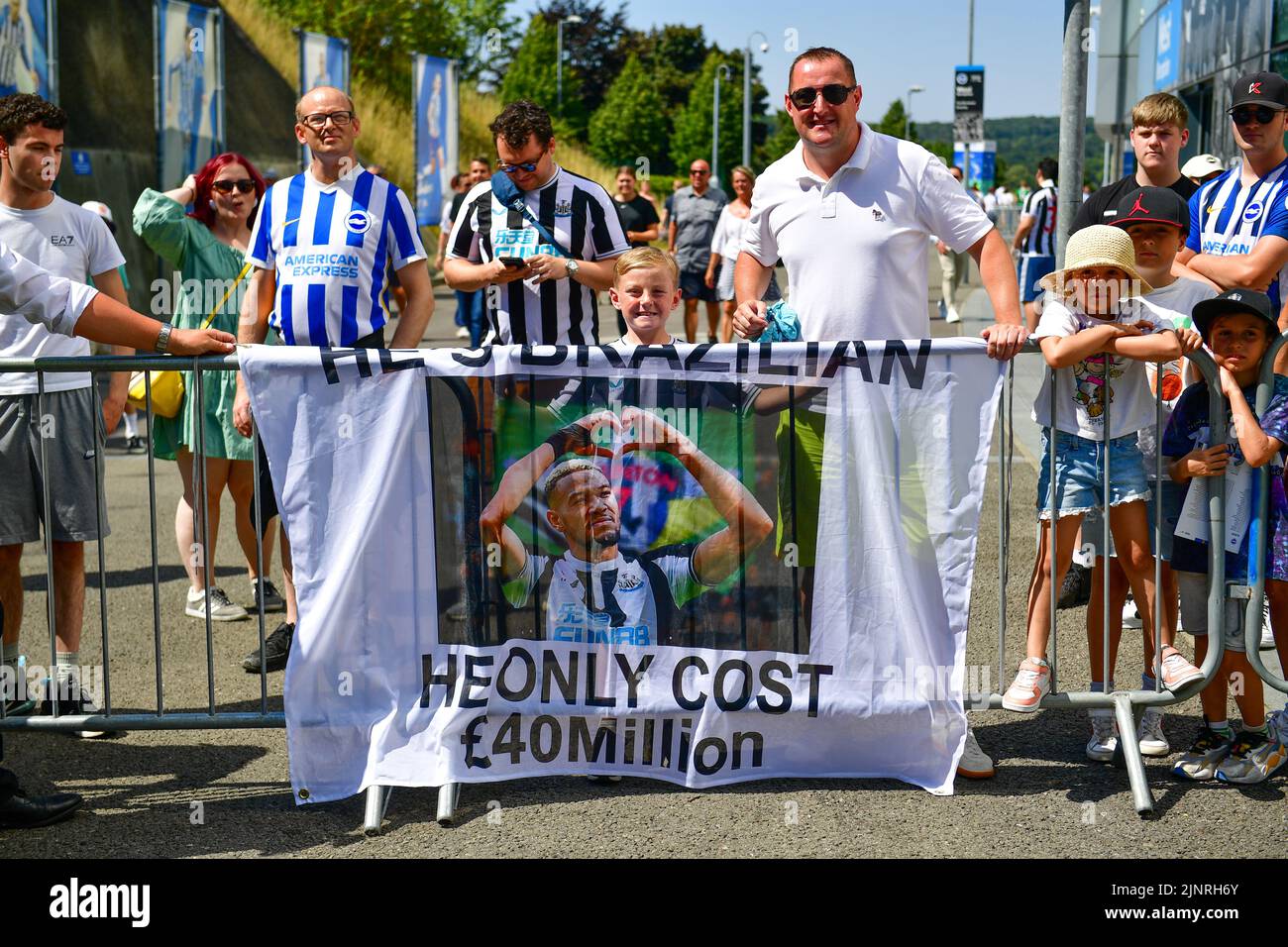 Brighton, UK. 13th Aug, 2022. Joelinton of Newcastle United fans show their support for him before the Premier League match between Brighton & Hove Albion and Newcastle United at The Amex on August 13th 2022 in Brighton, England. (Photo by Jeff Mood/phcimages.com) Credit: PHC Images/Alamy Live News Stock Photo