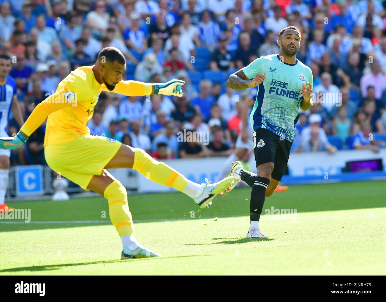 Brighton, UK. 13th Aug, 2022. Robert Sanchez Goalkeeper of Brighton and Hove Albion clears the ball from an incoming Callum Wilson of Newcastle United during the Premier League match between Brighton & Hove Albion and Newcastle United at The Amex on August 13th 2022 in Brighton, England. (Photo by Jeff Mood/phcimages.com) Credit: PHC Images/Alamy Live News Stock Photo