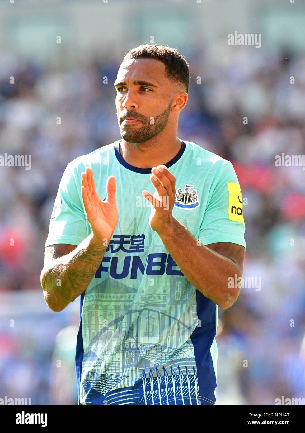 Brighton, UK. 13th Aug, 2022. Callum Wilson of Newcastle United applaudes the Newcastle fans after being substituted during the Premier League match between Brighton & Hove Albion and Newcastle United at The Amex on August 13th 2022 in Brighton, England. (Photo by Jeff Mood/phcimages.com) Credit: PHC Images/Alamy Live News Stock Photo