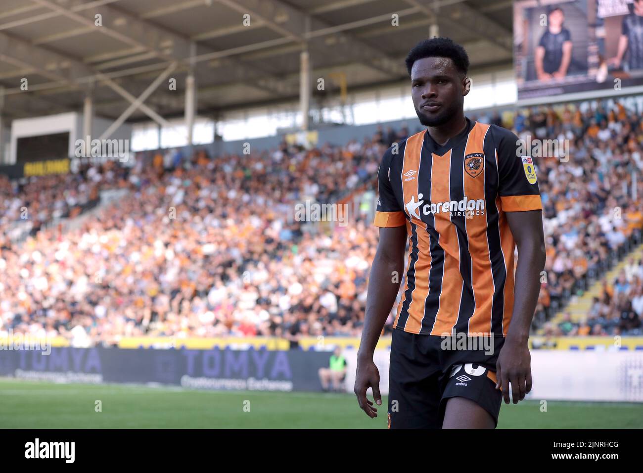 Hull City's Benjamin Tetteh goes off injured during the Sky Bet Championship match at the MKM Stadium, Hull. Picture date: Saturday August 13, 2022. Stock Photo