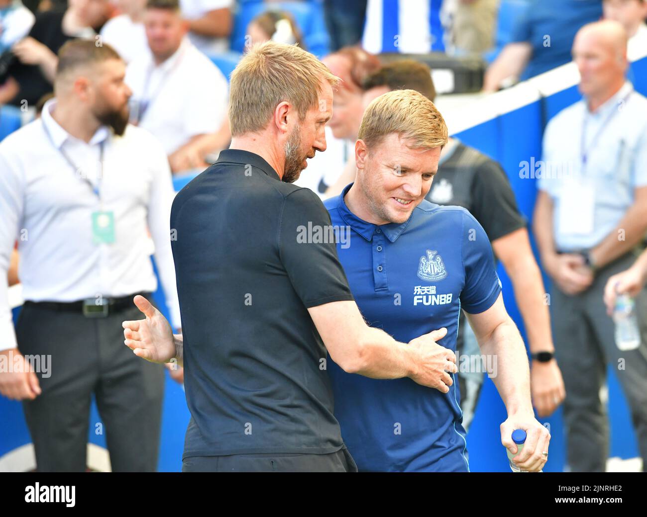Brighton, UK. 13th Aug, 2022. Graham potter Manager of Brighton and Hove Albion and Eddie Howe Manager of Newcastle United before the Premier League match between Brighton & Hove Albion and Newcastle United at The Amex on August 13th 2022 in Brighton, England. (Photo by Jeff Mood/phcimages.com) Credit: PHC Images/Alamy Live News Stock Photo