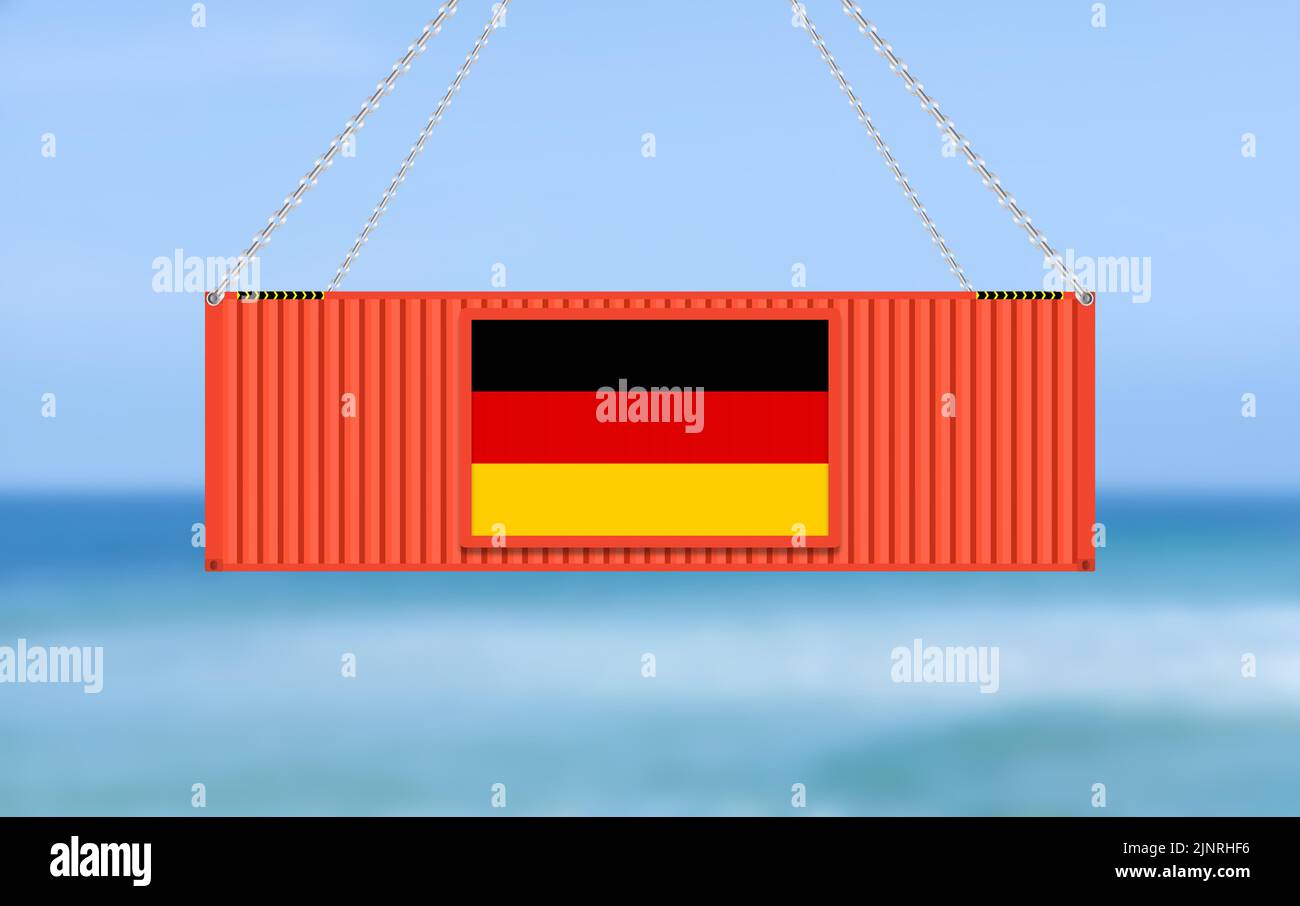 hanging cargo container in blue cloud sky.concept for import export business in Germany. Stock Photo