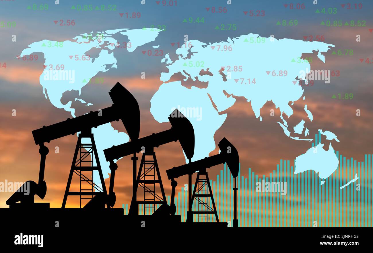crued oil demand and price increasing daily concept with graphs and World map. digital crude oil background. Stock Photo
