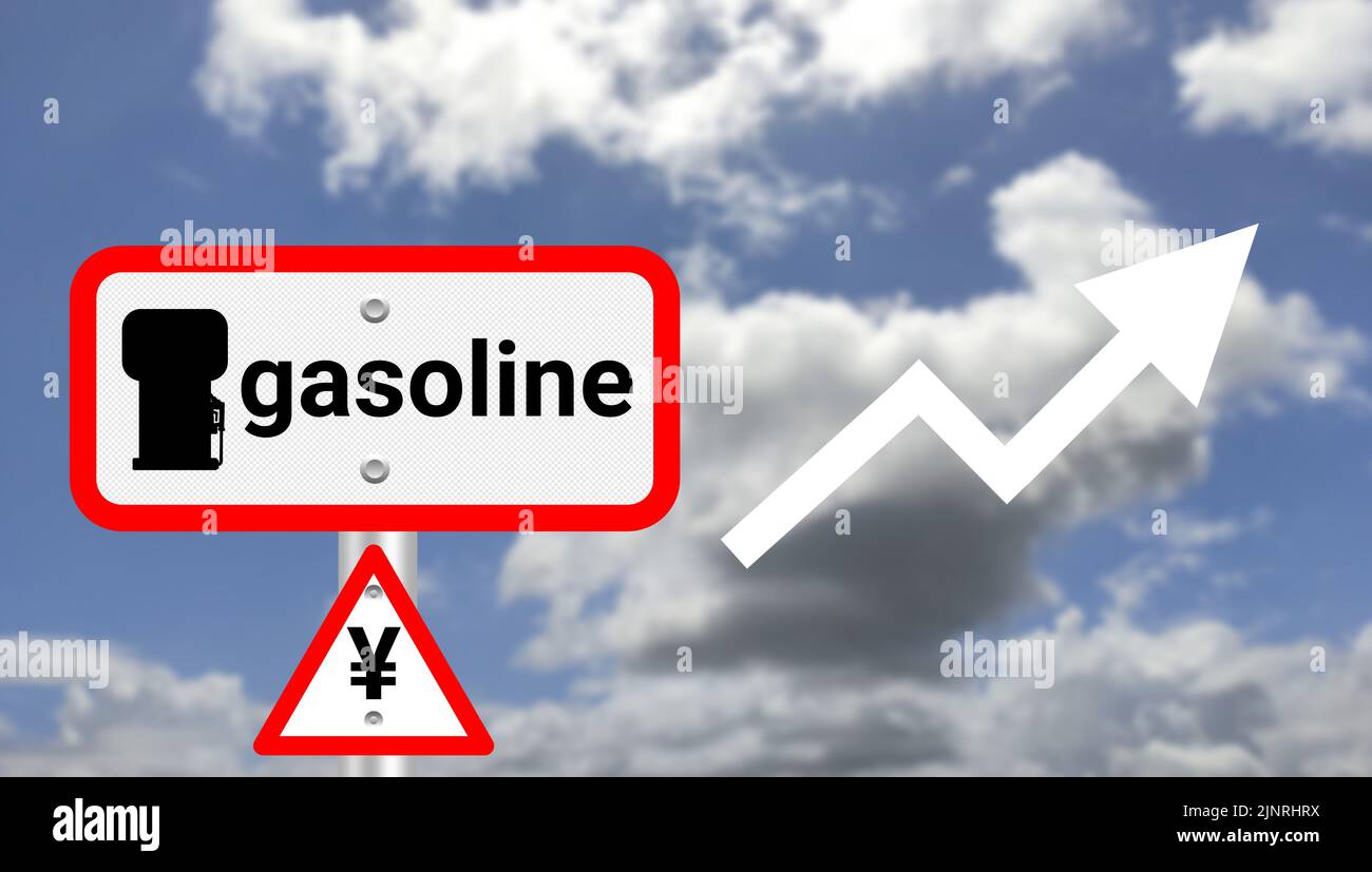 gasoline prices hike background with yen symbol and gasoline sign board ...