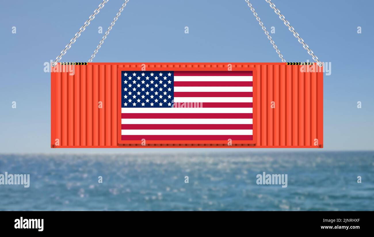 import export business in America illustration with hanging cargo container and blur sea background. Stock Photo