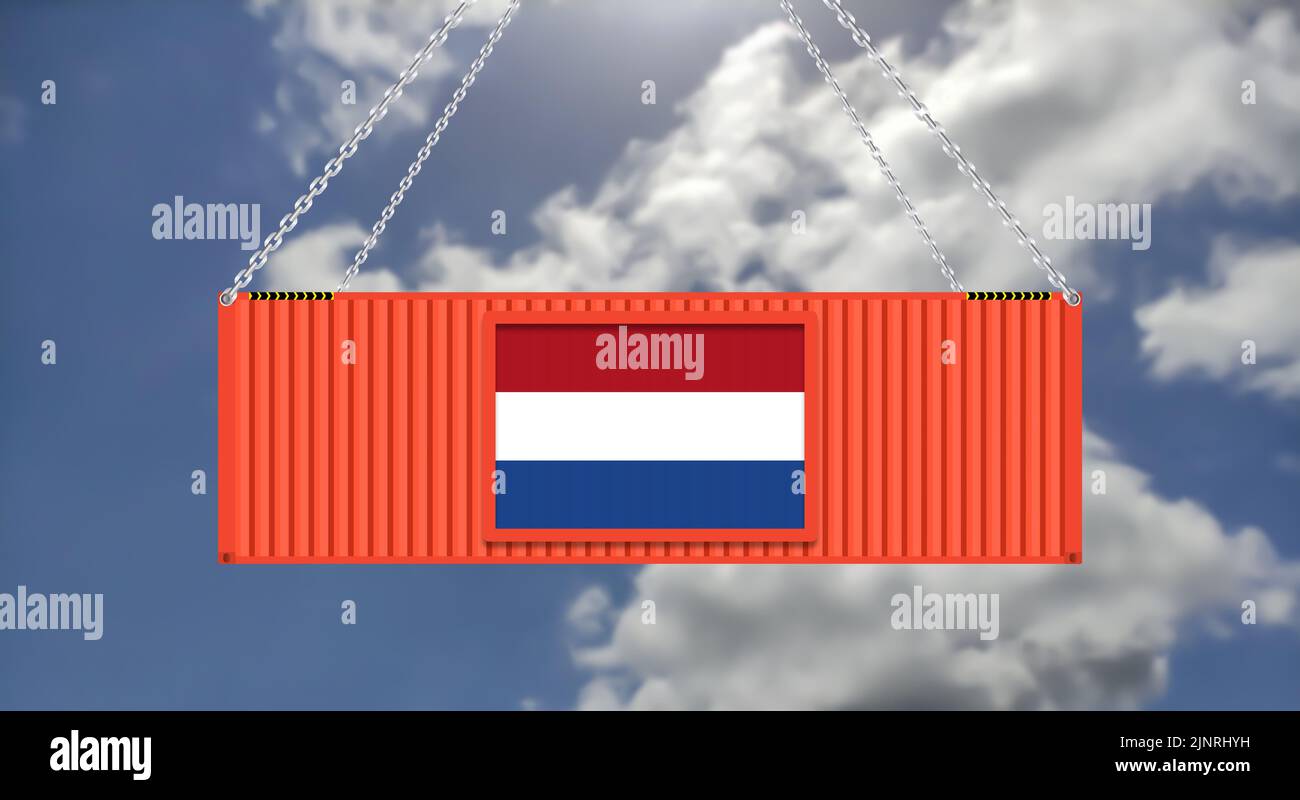 import export business in Netherland background with blue sky and hanging cargo container. Stock Photo