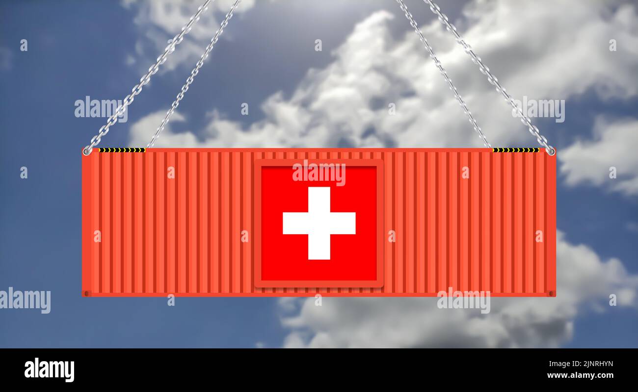 import export business in Switzerland background on blue sky with hanging cargo container. Stock Photo