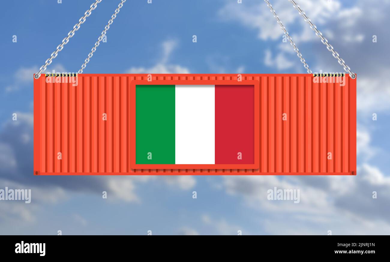 import export business in Italy illustration with hanging cargo container on blue background. Stock Photo