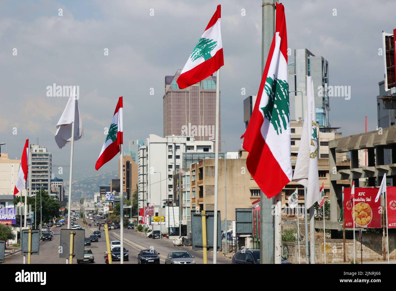 Lebanese and Lebanese Army flags seen in Beirut, Lebanon, August 9 2022.  (Photo by Elisa Gestri/Sipa USA). Stock Photo